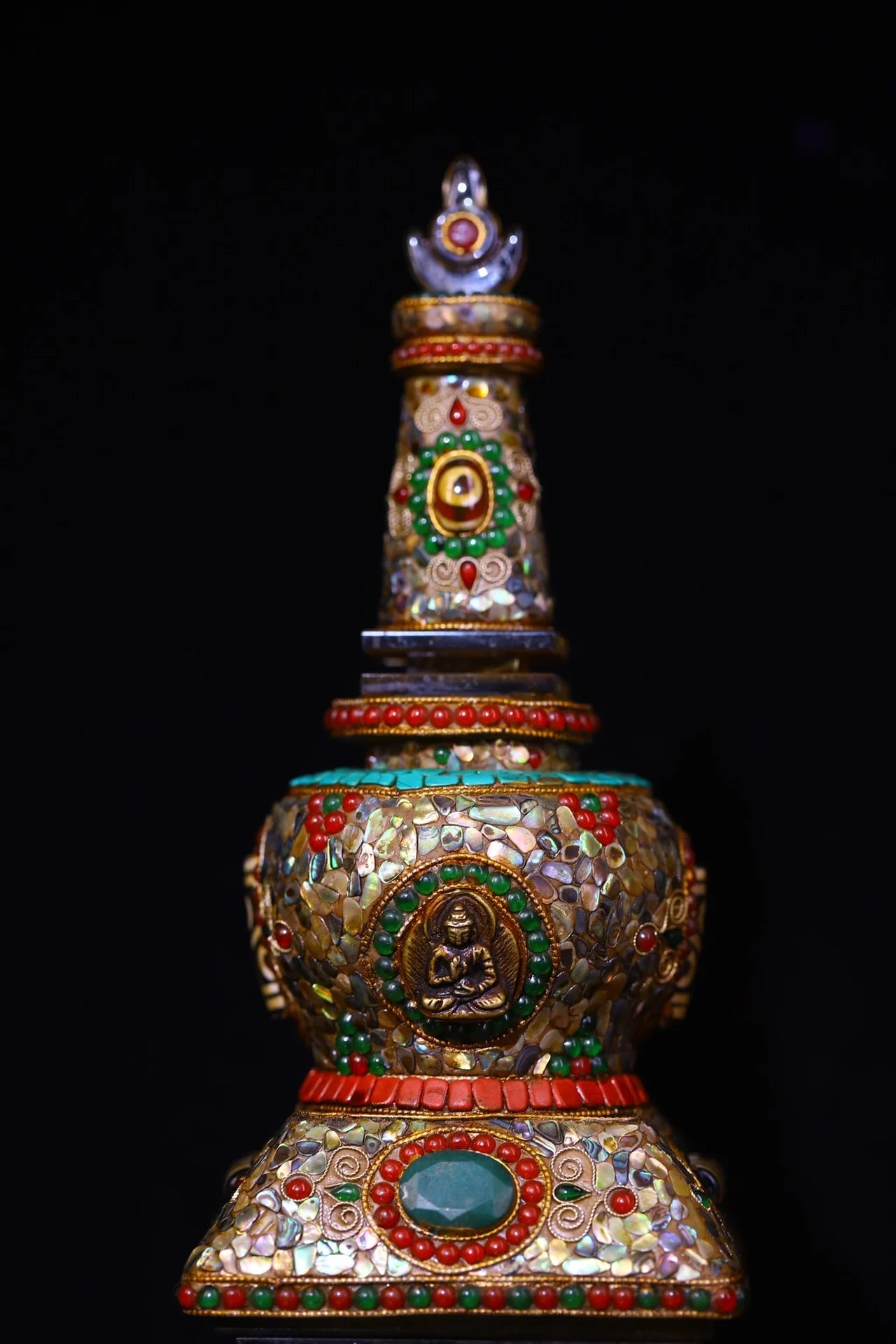 10"Tibetan Temple Collection Old Natural Crystal Mosaic Gem gZi Beads Shell Shakyamuni Buddha Pagoda Stupa Amulet Worship hall