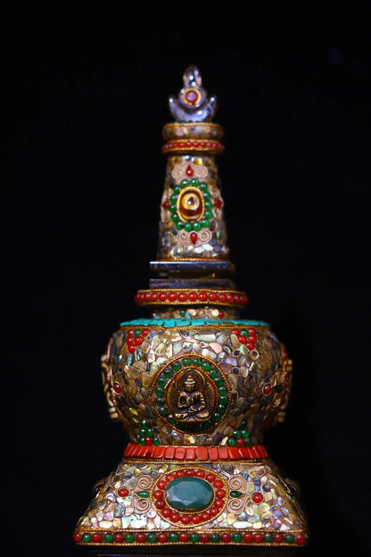 10"Tibetan Temple Collection Old Natural Crystal Mosaic Gem gZi Beads Shell Shakyamuni Buddha Pagoda Stupa Amulet Worship hall