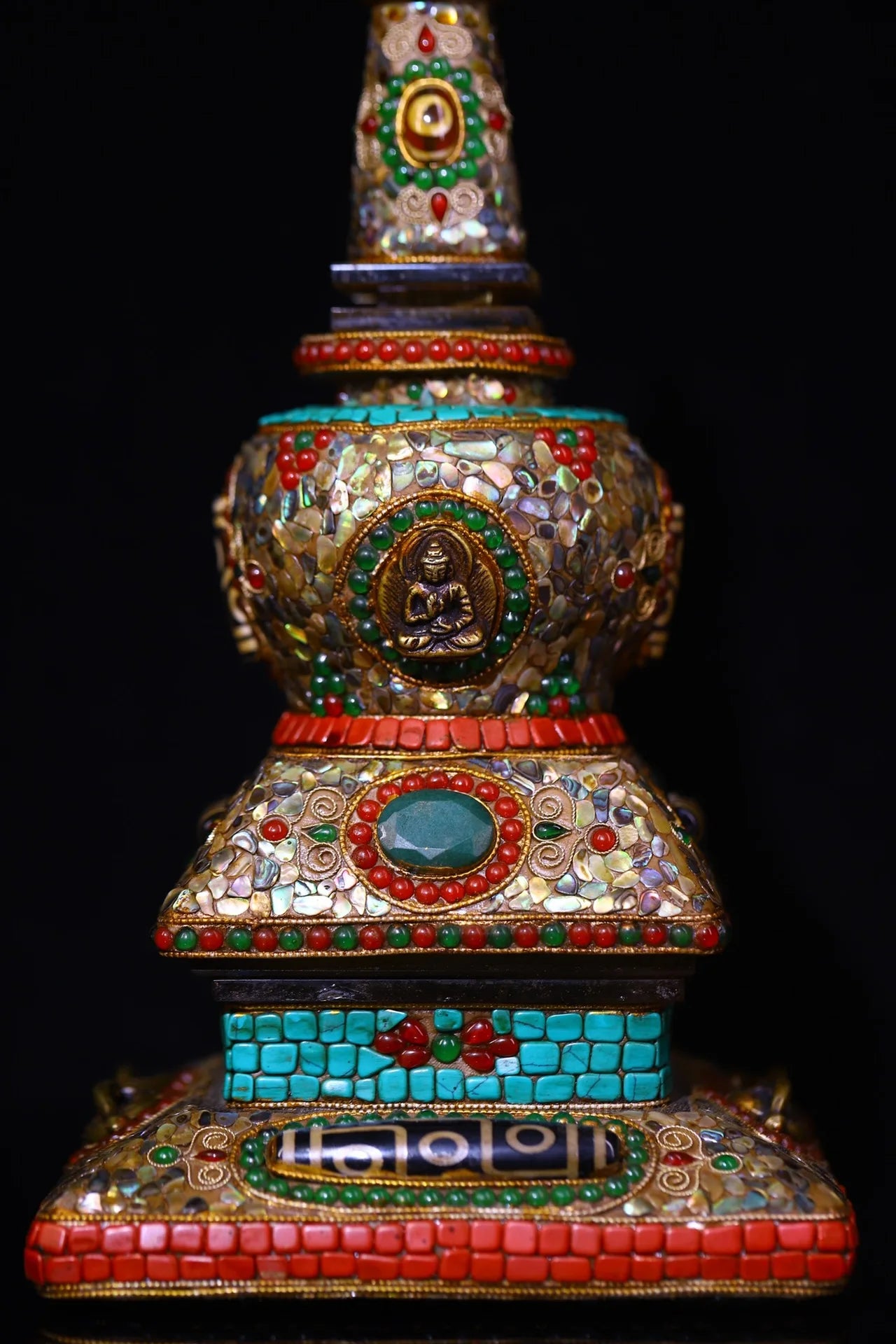 10"Tibetan Temple Collection Old Natural Crystal Mosaic Gem gZi Beads Shell Shakyamuni Buddha Pagoda Stupa Amulet Worship hall