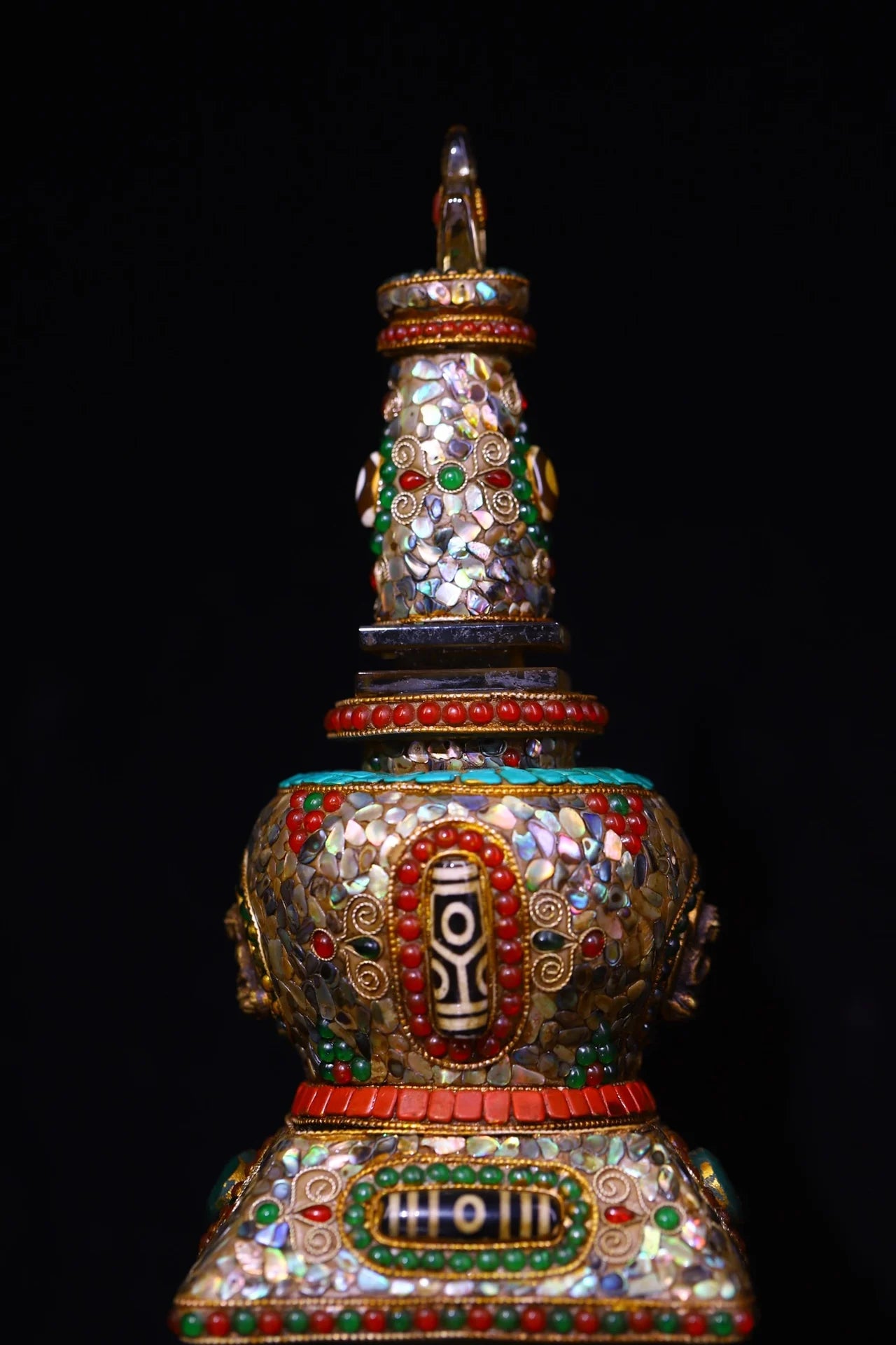 10"Tibetan Temple Collection Old Natural Crystal Mosaic Gem gZi Beads Shell Shakyamuni Buddha Pagoda Stupa Amulet Worship hall