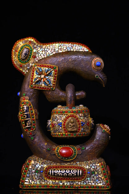 10"Tibetan Temple Collection Old Natural Meteorite  Mosaic Gem gZi Beads Shell Snake Head Divine Beast Buddha lock Worship Hall