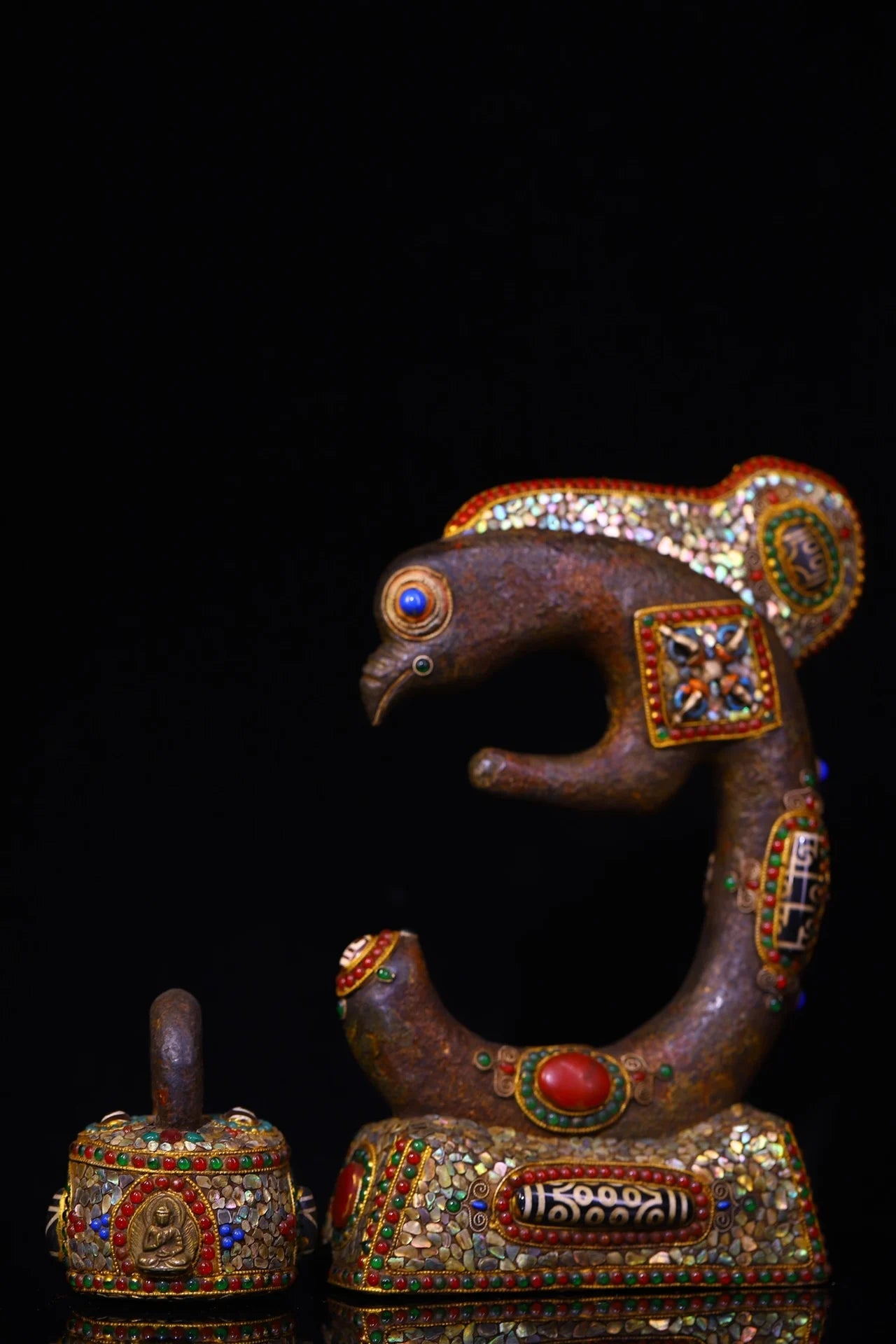 10"Tibetan Temple Collection Old Natural Meteorite  Mosaic Gem gZi Beads Shell Snake Head Divine Beast Buddha lock Worship Hall