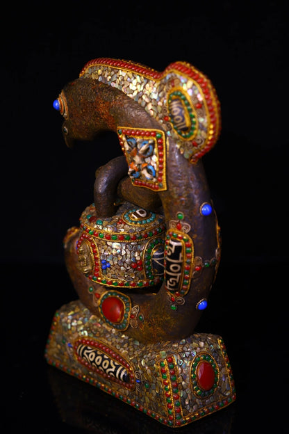 10"Tibetan Temple Collection Old Natural Meteorite  Mosaic Gem gZi Beads Shell Snake Head Divine Beast Buddha lock Worship Hall