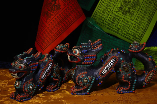 10"Tibetan Temple Collection Old Natural Meteorite mosaic gem Dzi Beads dragon statue mythical beast a pair pendant Amulet
