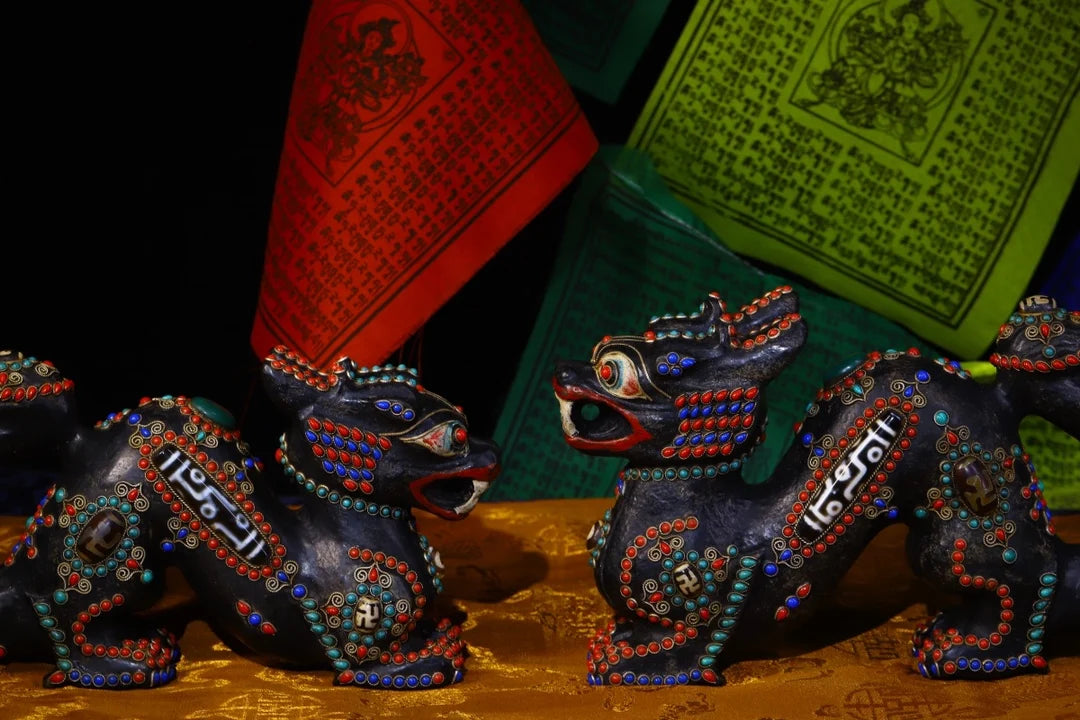 10"Tibetan Temple Collection Old Natural Meteorite mosaic gem Dzi Beads dragon statue mythical beast a pair pendant Amulet