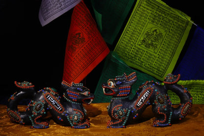 10"Tibetan Temple Collection Old Natural Meteorite mosaic gem Dzi Beads dragon statue mythical beast a pair pendant Amulet