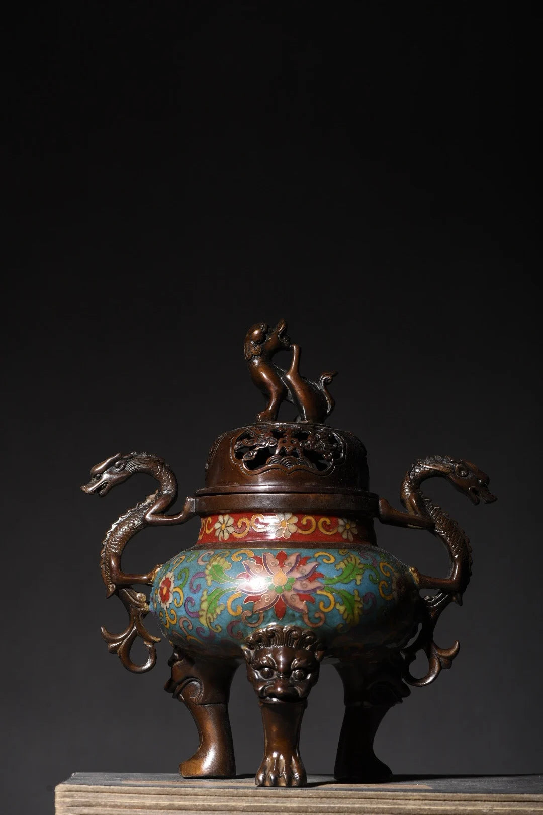 10"Tibetan Temple Collection Old Purple Bronze Cloisonne Flower of wealth Dragon Ear Three-legged Incense Burner Town House