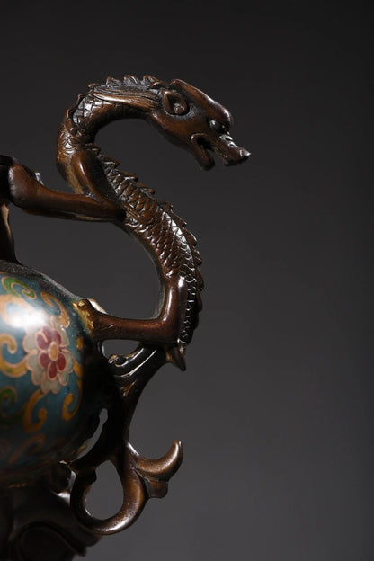 10"Tibetan Temple Collection Old Purple Bronze Cloisonne Flower of wealth Dragon Ear Three-legged Incense Burner Town House