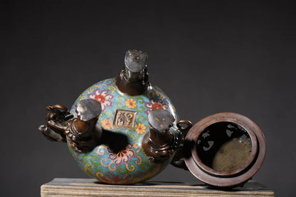 10"Tibetan Temple Collection Old Purple Bronze Cloisonne Flower of wealth Dragon Ear Three-legged Incense Burner Town House