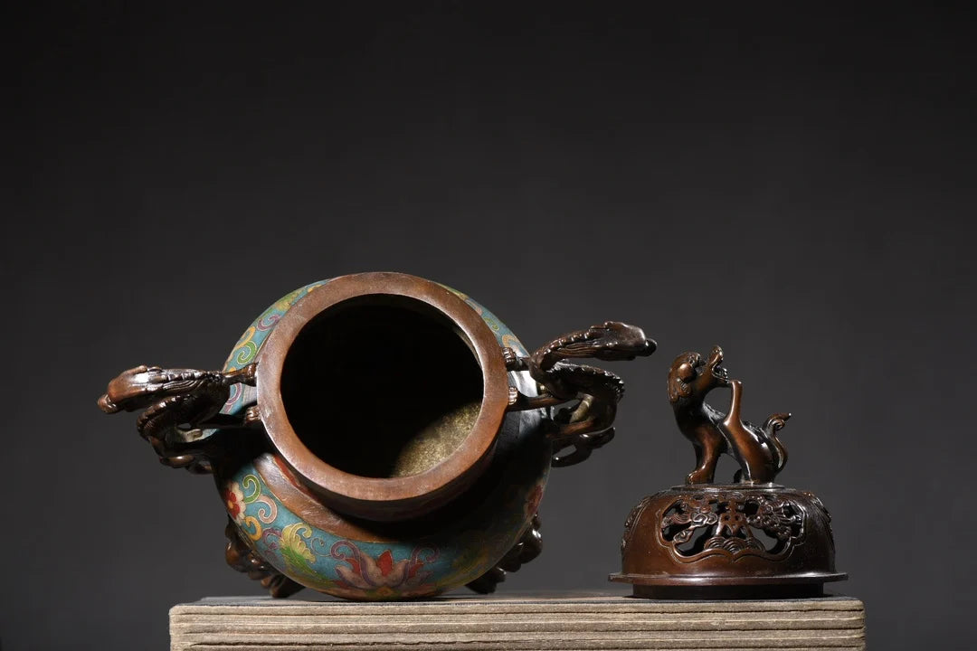 10"Tibetan Temple Collection Old Purple Bronze Cloisonne Flower of wealth Dragon Ear Three-legged Incense Burner Town House