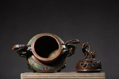 10"Tibetan Temple Collection Old Purple Bronze Cloisonne Flower of wealth Dragon Ear Three-legged Incense Burner Town House