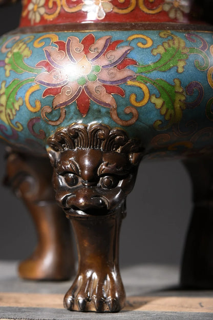 10"Tibetan Temple Collection Old Purple Bronze Cloisonne Flower of wealth Dragon Ear Three-legged Incense Burner Town House
