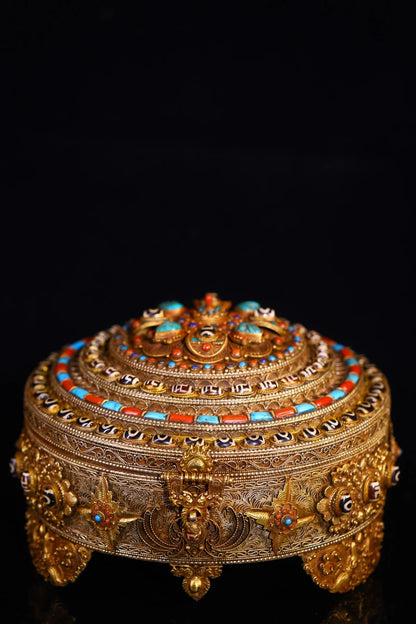 10"Tibetan Temple Collection Old Tibetan Silver Gilded Filigree Mosaic Gem gZi Beads Turquoise Flower Buddha Box Worship Hall