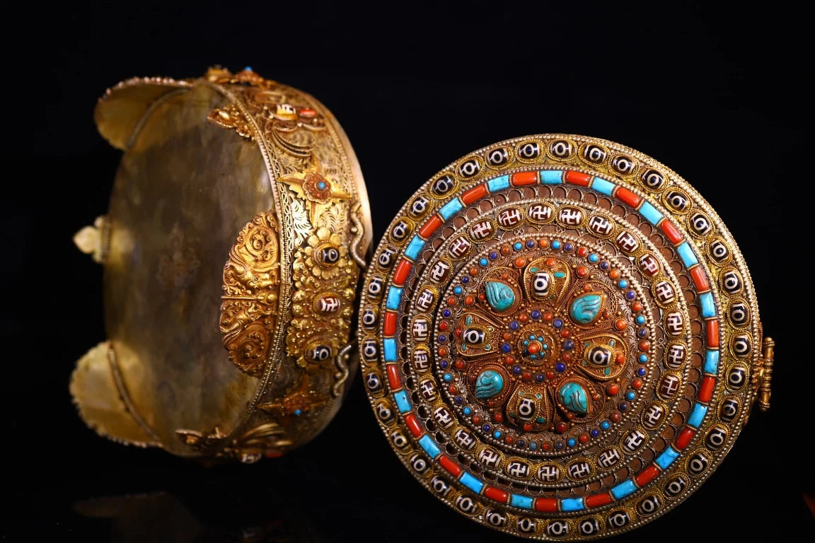 10"Tibetan Temple Collection Old Tibetan Silver Gilded Filigree Mosaic Gem gZi Beads Turquoise Flower Buddha Box Worship Hall