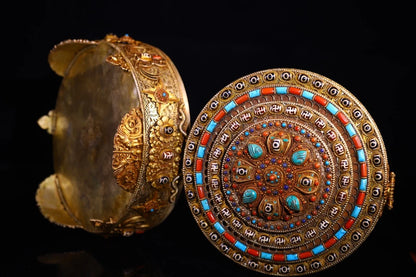 10"Tibetan Temple Collection Old Tibetan Silver Gilded Filigree Mosaic Gem gZi Beads Turquoise Flower Buddha Box Worship Hall