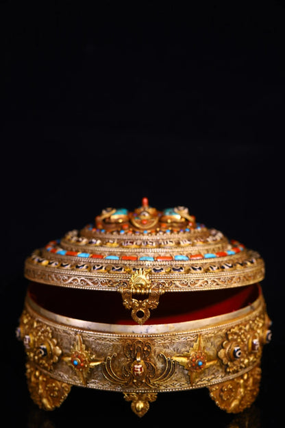 10"Tibetan Temple Collection Old Tibetan Silver Gilded Filigree Mosaic Gem gZi Beads Turquoise Flower Buddha Box Worship Hall