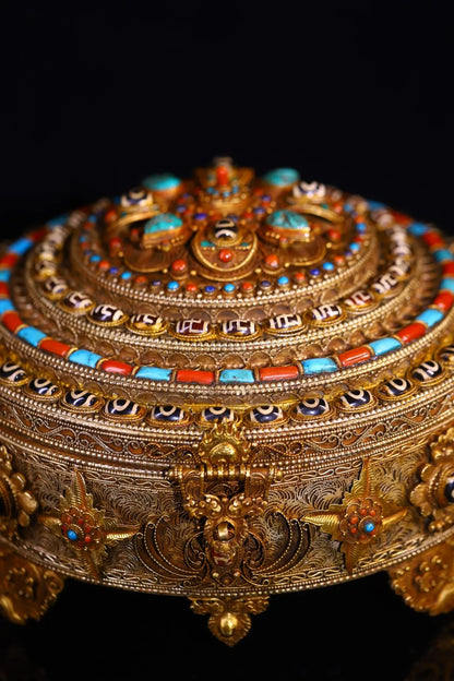 10"Tibetan Temple Collection Old Tibetan Silver Gilded Filigree Mosaic Gem gZi Beads Turquoise Flower Buddha Box Worship Hall