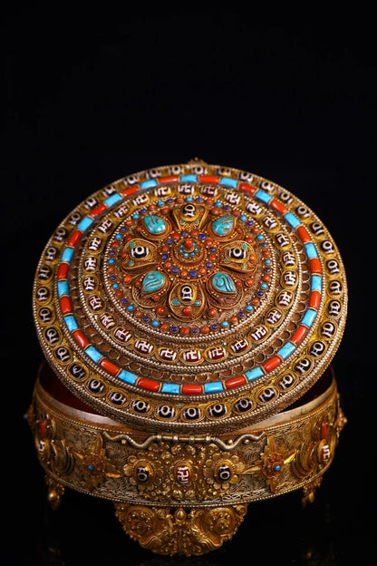 10"Tibetan Temple Collection Old Tibetan Silver Gilded Filigree Mosaic Gem gZi Beads Turquoise Flower Buddha Box Worship Hall