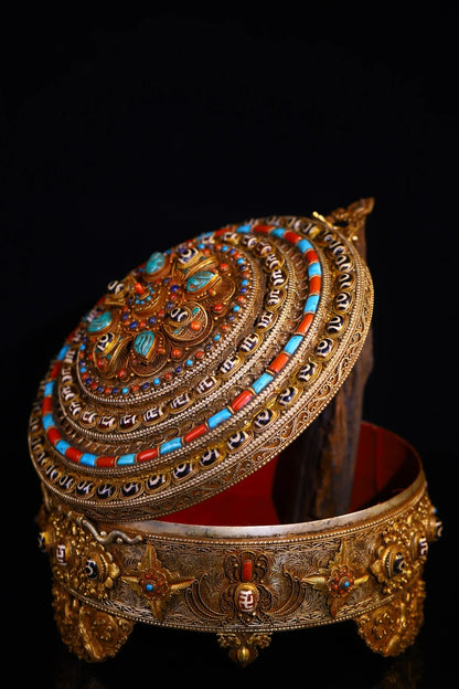 10"Tibetan Temple Collection Old Tibetan Silver Gilded Filigree Mosaic Gem gZi Beads Turquoise Flower Buddha Box Worship Hall