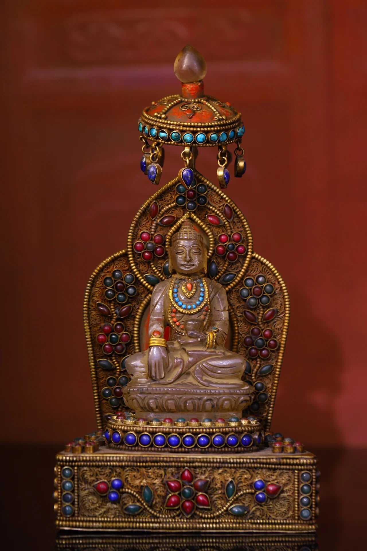 10"Tibetan Temple Collection Old Tibetan silver Filigree Mosaic Gem Crystal Shakyamuni Umbrella Buddhist Niche Worship Hall