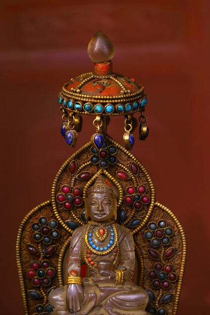 10"Tibetan Temple Collection Old Tibetan silver Filigree Mosaic Gem Crystal Shakyamuni Umbrella Buddhist Niche Worship Hall
