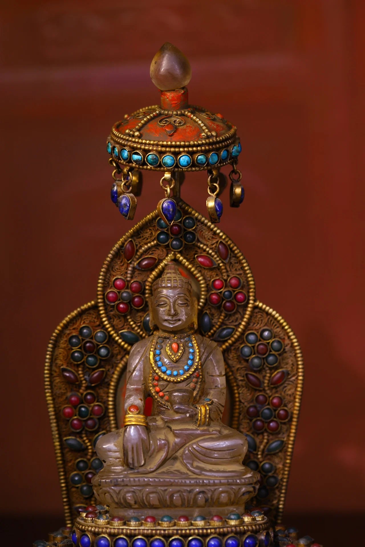 10"Tibetan Temple Collection Old Tibetan silver Filigree Mosaic Gem Crystal Shakyamuni Umbrella Buddhist Niche Worship Hall