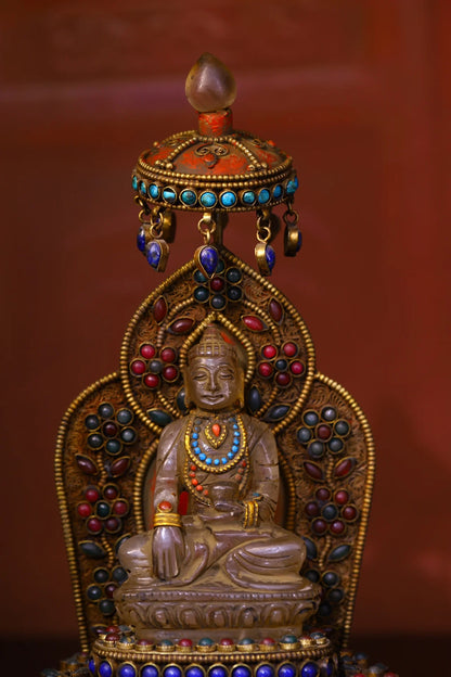 10"Tibetan Temple Collection Old Tibetan silver Filigree Mosaic Gem Crystal Shakyamuni Umbrella Buddhist Niche Worship Hall