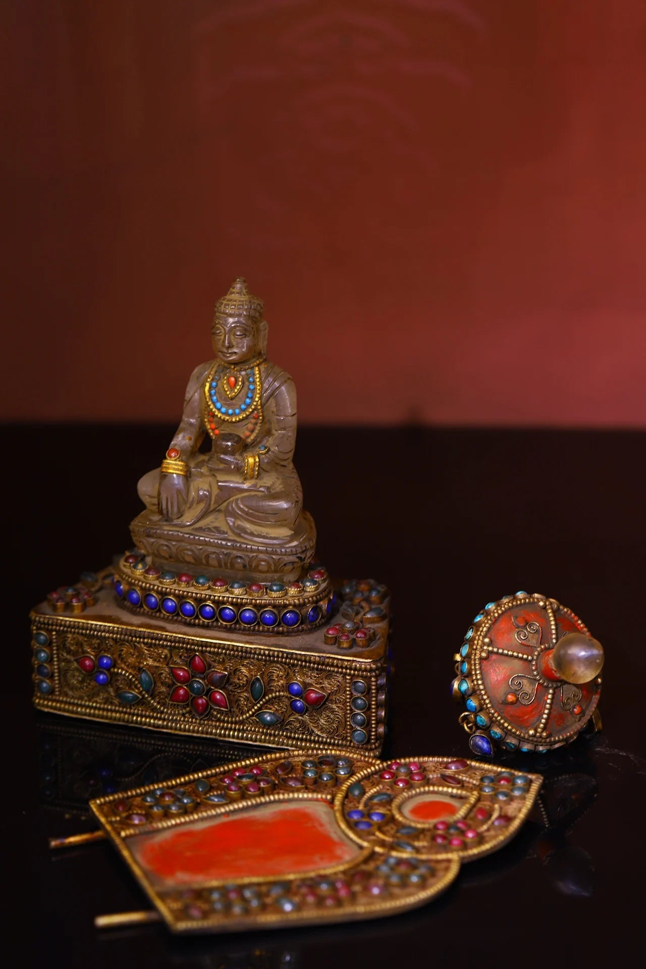 10"Tibetan Temple Collection Old Tibetan silver Filigree Mosaic Gem Crystal Shakyamuni Umbrella Buddhist Niche Worship Hall