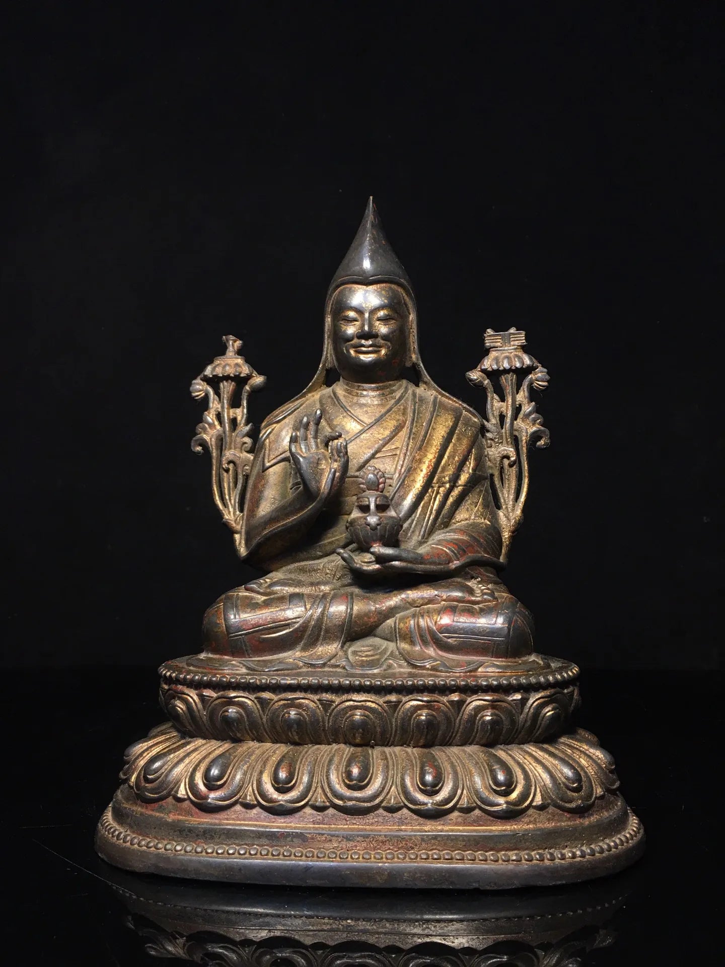10"Tibetan Temple Collection old Bronze Cinnabar mud gold Tsongkhapa Buddha master lotus Worship Hall Town house Exorcism