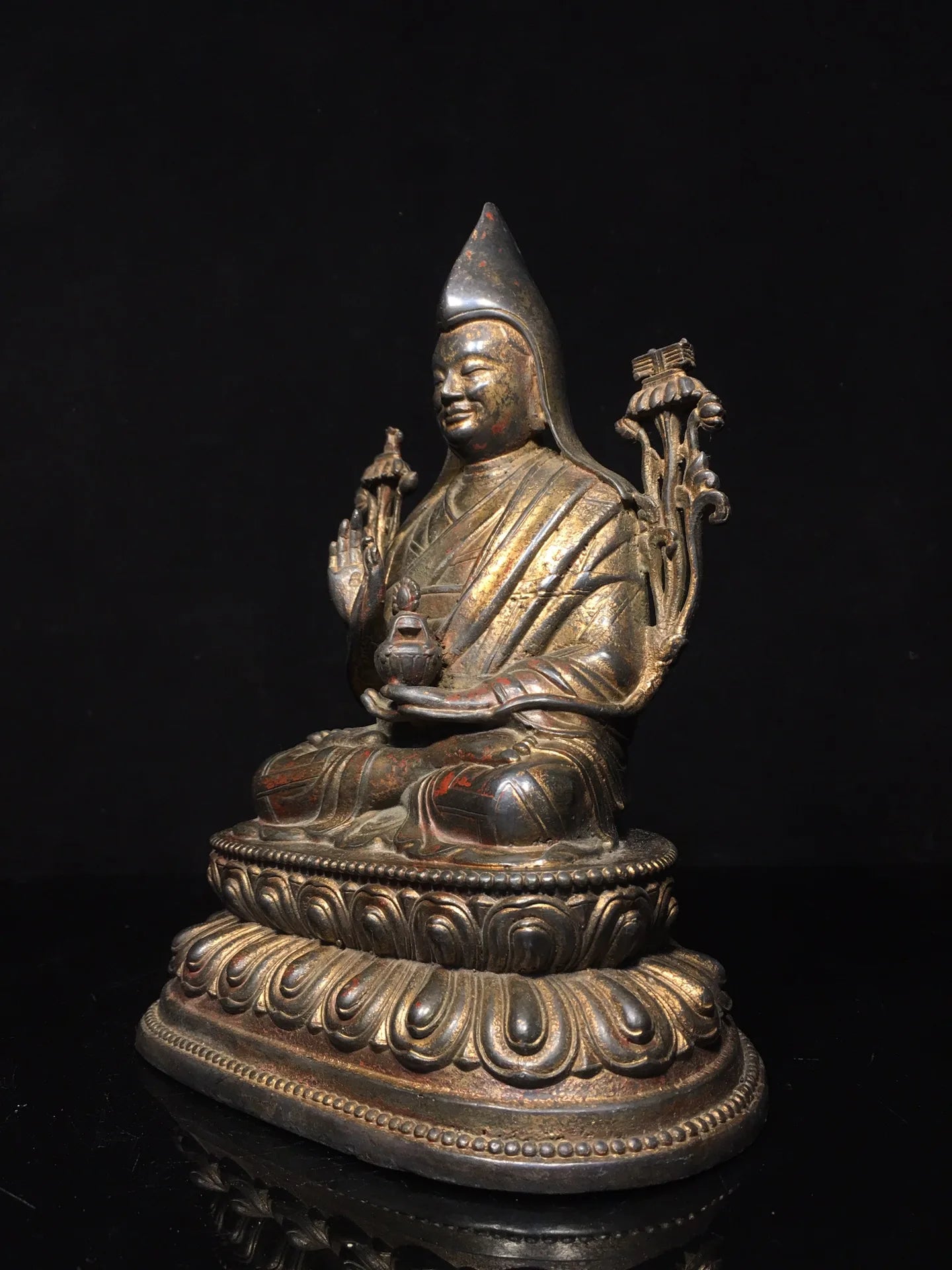 10"Tibetan Temple Collection old Bronze Cinnabar mud gold Tsongkhapa Buddha master lotus Worship Hall Town house Exorcism