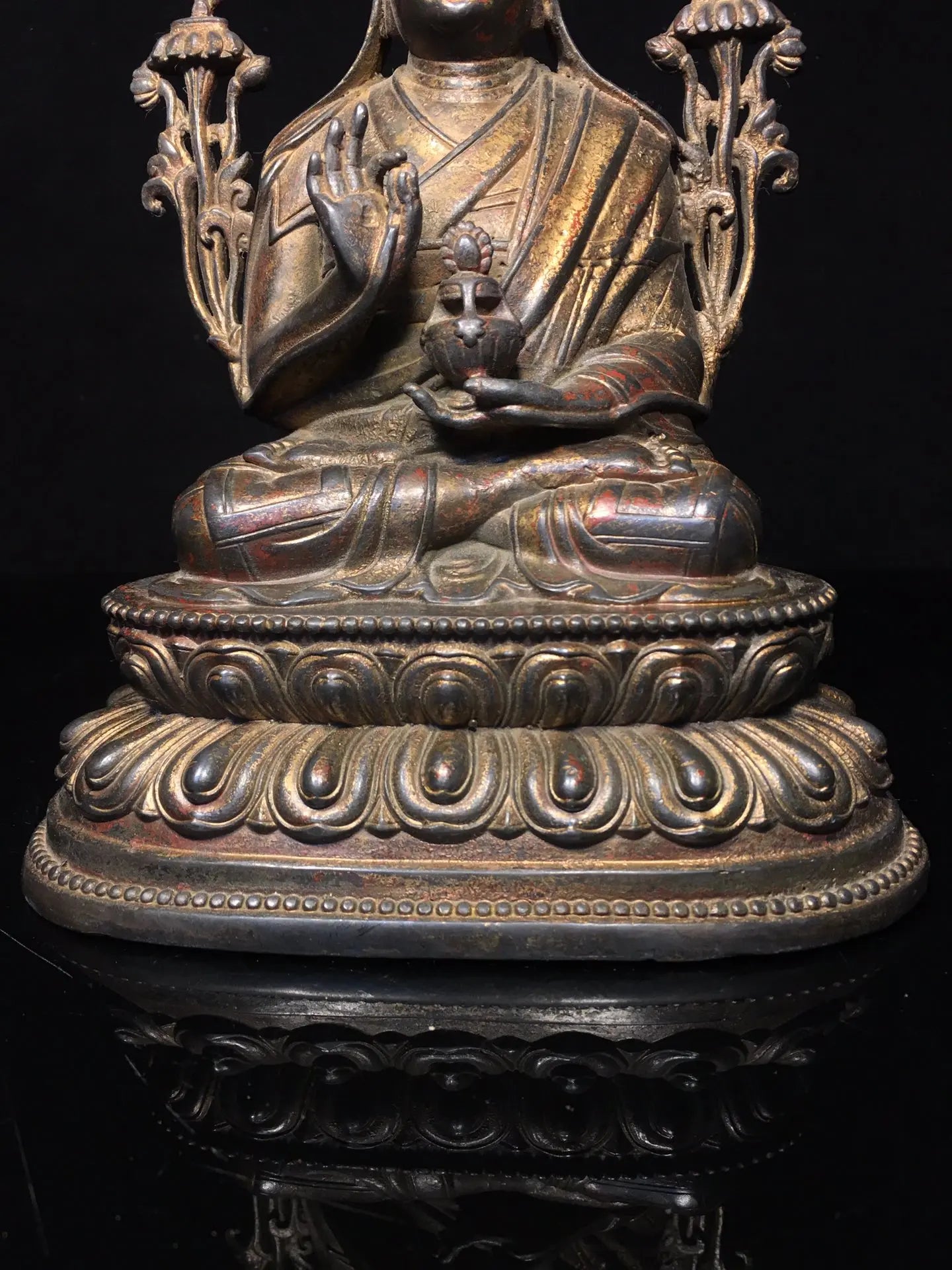 10"Tibetan Temple Collection old Bronze Cinnabar mud gold Tsongkhapa Buddha master lotus Worship Hall Town house Exorcism