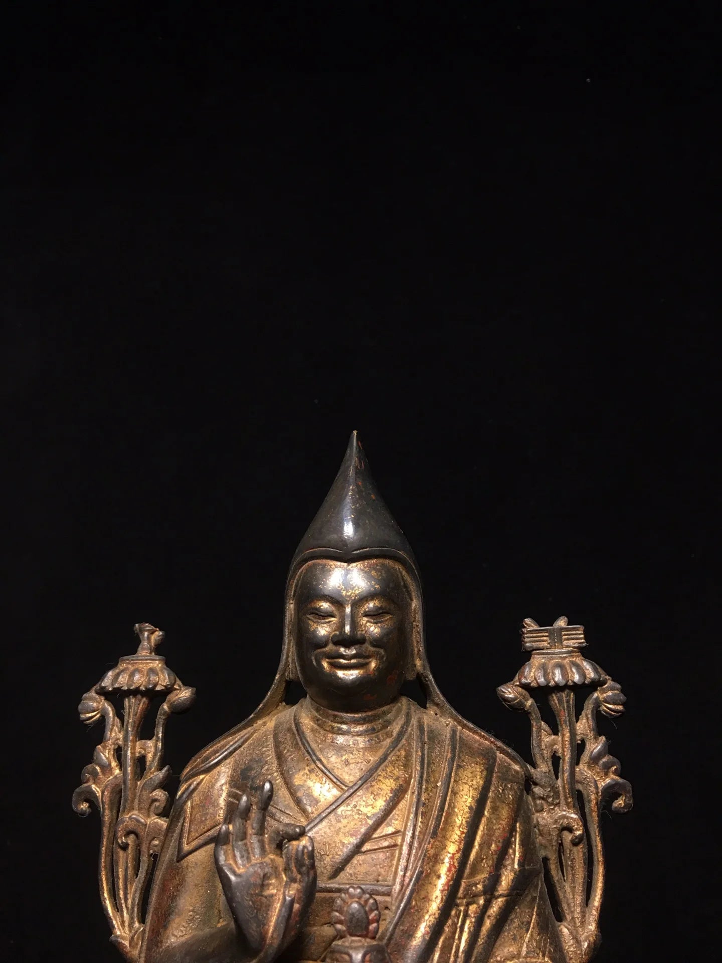 10"Tibetan Temple Collection old Bronze Cinnabar mud gold Tsongkhapa Buddha master lotus Worship Hall Town house Exorcism