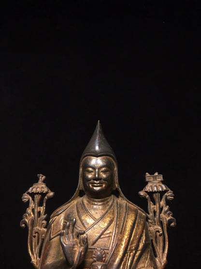 10"Tibetan Temple Collection old Bronze Cinnabar mud gold Tsongkhapa Buddha master lotus Worship Hall Town house Exorcism