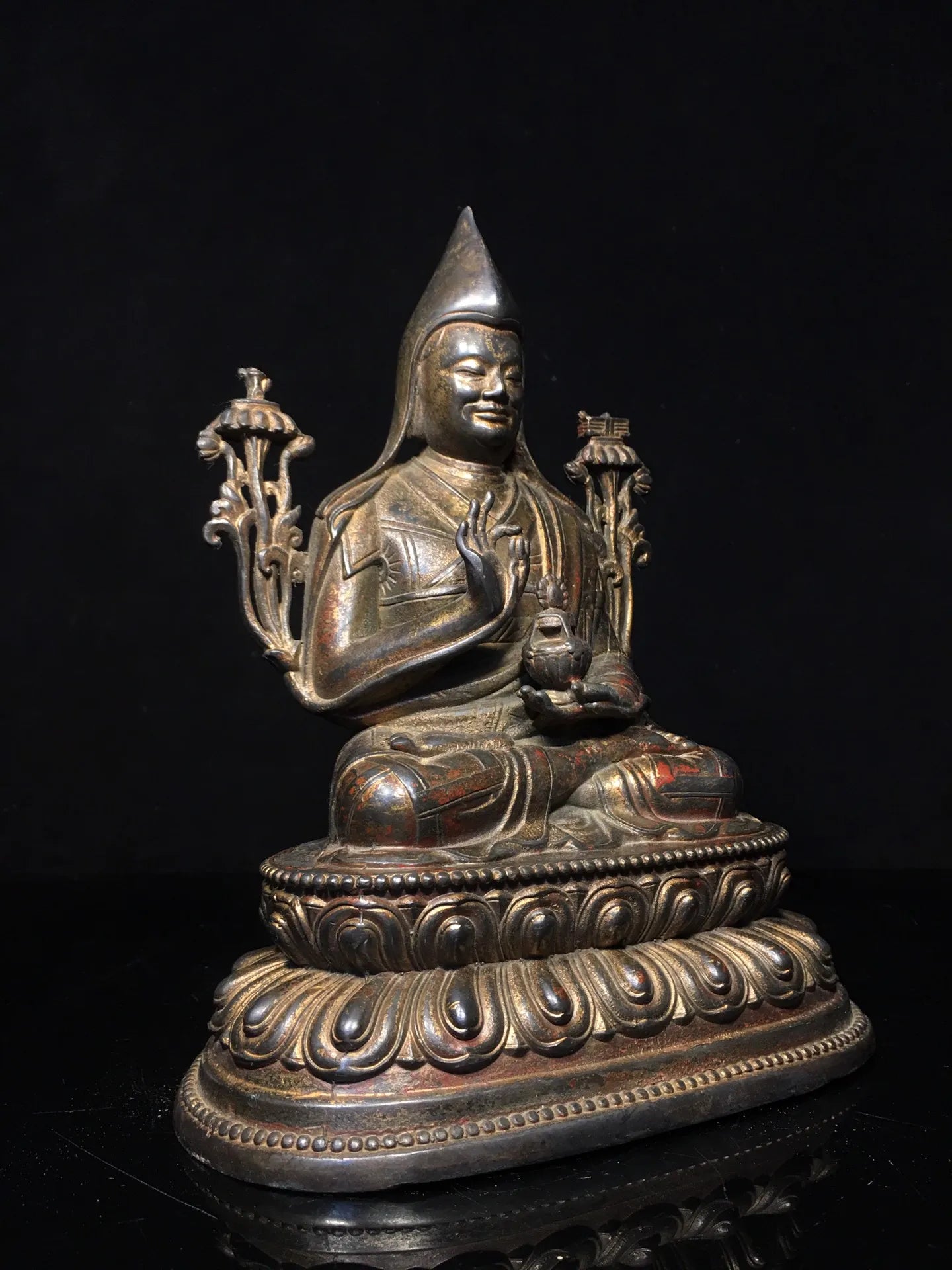 10"Tibetan Temple Collection old Bronze Cinnabar mud gold Tsongkhapa Buddha master lotus Worship Hall Town house Exorcism