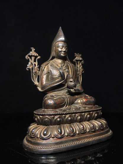 10"Tibetan Temple Collection old Bronze Cinnabar mud gold Tsongkhapa Buddha master lotus Worship Hall Town house Exorcism