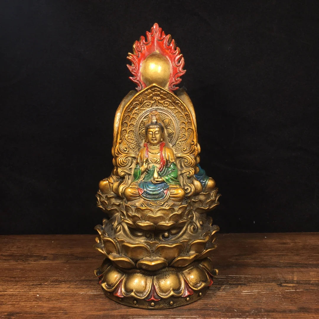10"Tibetan Temple Old Bronze Painting Three-faced Buddha Three-faced Buddha Avalokitesvara statue Amitabha Worship Hall