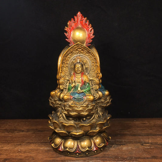 10"Tibetan Temple Old Bronze Painting Three-faced Buddha Three-faced Buddha Avalokitesvara statue Amitabha Worship Hall