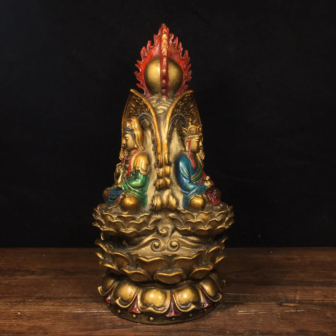 10"Tibetan Temple Old Bronze Painting Three-faced Buddha Three-faced Buddha Avalokitesvara statue Amitabha Worship Hall