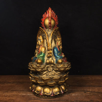 10"Tibetan Temple Old Bronze Painting Three-faced Buddha Three-faced Buddha Avalokitesvara statue Amitabha Worship Hall