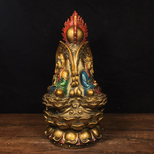 10"Tibetan Temple Old Bronze Painting Three-faced Buddha Three-faced Buddha Avalokitesvara statue Amitabha Worship Hall
