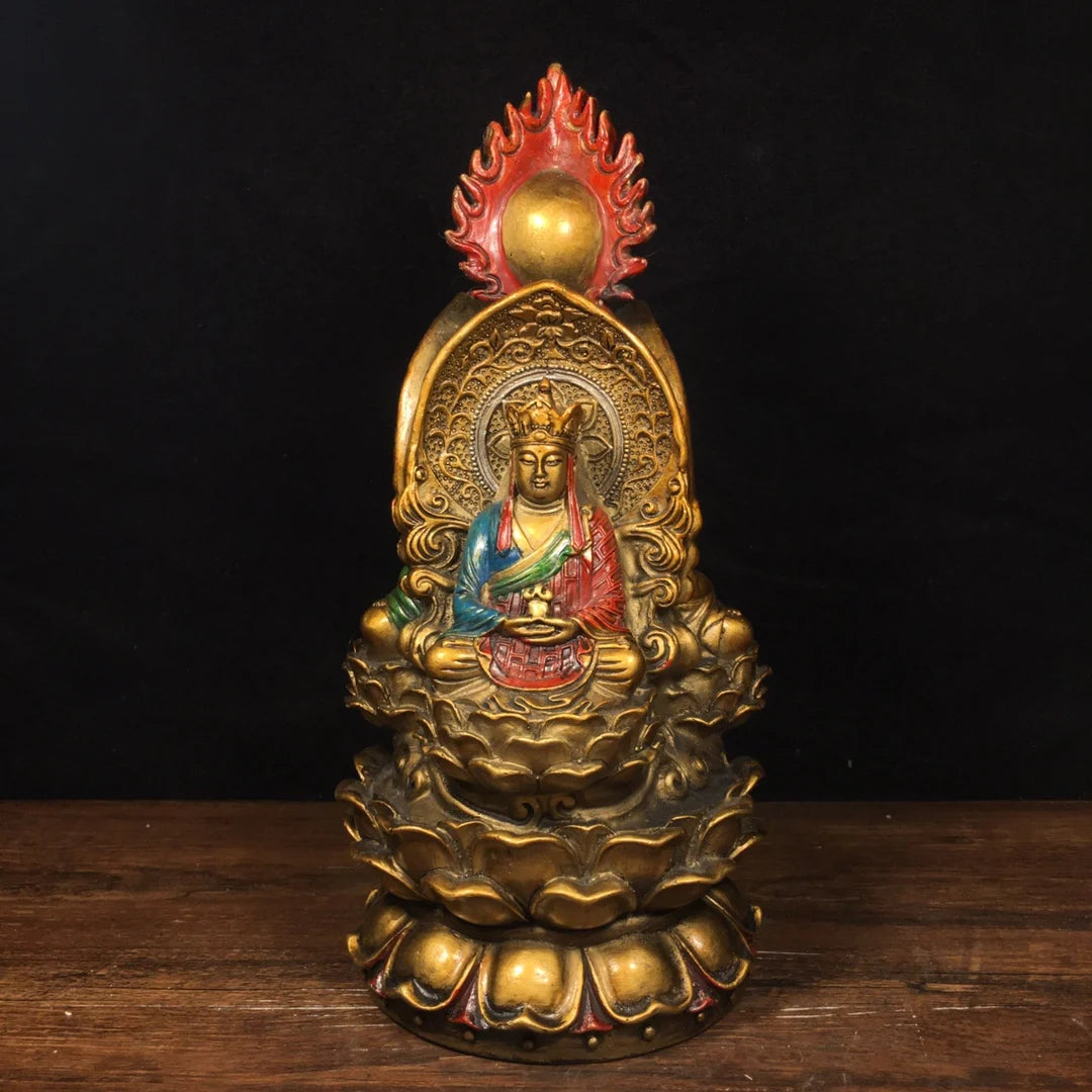10"Tibetan Temple Old Bronze Painting Three-faced Buddha Three-faced Buddha Avalokitesvara statue Amitabha Worship Hall