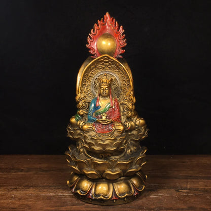 10"Tibetan Temple Old Bronze Painting Three-faced Buddha Three-faced Buddha Avalokitesvara statue Amitabha Worship Hall