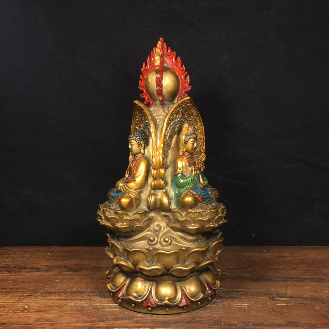 10"Tibetan Temple Old Bronze Painting Three-faced Buddha Three-faced Buddha Avalokitesvara statue Amitabha Worship Hall