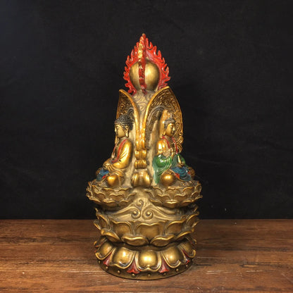 10"Tibetan Temple Old Bronze Painting Three-faced Buddha Three-faced Buddha Avalokitesvara statue Amitabha Worship Hall