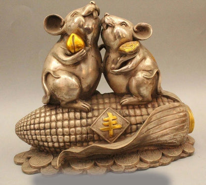 10" Chinese Fengshui Silver Zodiac Year Mouse Corn Moneybag Wealth Rich Cai