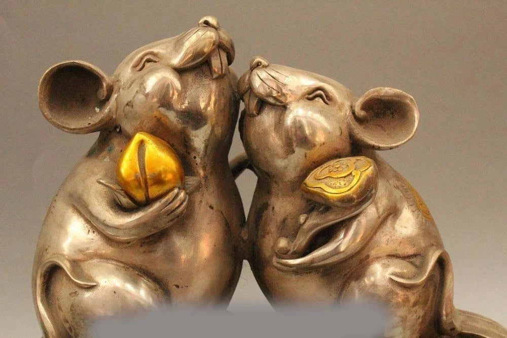 10" Chinese Fengshui Silver Zodiac Year Mouse Corn Moneybag Wealth Rich Cai