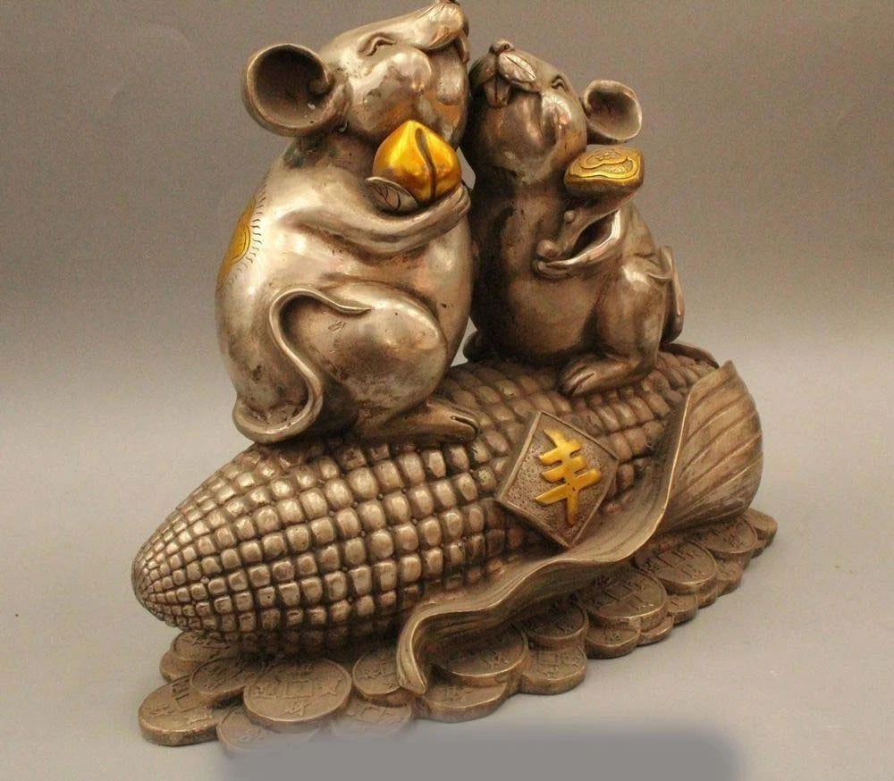 10" Chinese Fengshui Silver Zodiac Year Mouse Corn Moneybag Wealth Rich Cai