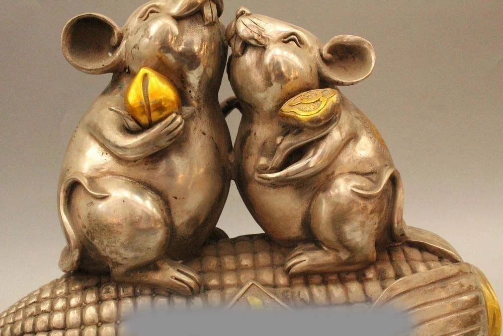 10" Chinese Fengshui Silver Zodiac Year Mouse Corn Moneybag Wealth Rich Cai