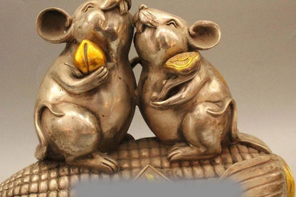 10" Chinese Fengshui Silver Zodiac Year Mouse Corn Moneybag Wealth Rich Cai