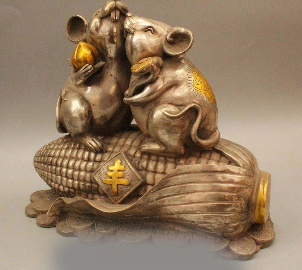 10" Chinese Fengshui Silver Zodiac Year Mouse Corn Moneybag Wealth Rich Cai